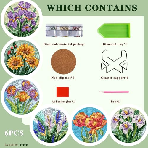 Leatrice 6 PCS Diamond Art Coasters Small Diamond Painting Kits for Adults - color: BB flower b