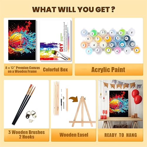 Basketball Paint by Numbers Kit for Kids with Framed Canvas - Wooden Easel - color: BKH2205