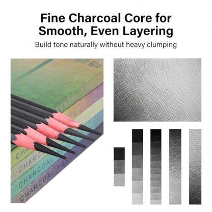Marie's Charcoal Pencils for Drawing, 10 Pieces, Extra Hard Hard Medium Soft Extra Soft, Sketching Pencils for Artists, Smooth Charcoal Core for Layering, Blending and Detailed Artwork(Hard) - style: Hard (10pcs)