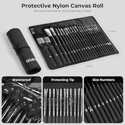 Nicpro 24Pcs Watercolor Brushes, Professional Paint Brushes for Artists - color: Black