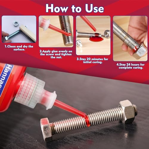 Thread Locker 271, Threadlocker, High Strength Red Thread Lock, Lock & Seal Nuts, Bolts, Fasteners and Metals, Against Losening and Leakage (50 mlx2)