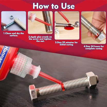Thread Locker 271, Threadlocker, High Strength Red Thread Lock, Lock & Seal Nuts, Bolts, Fasteners and Metals, Against Losening and Leakage (50 mlx2)