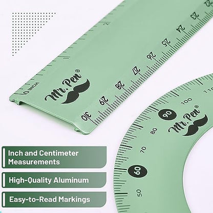 Mr. Pen- Metal Geometry Kit, 4 Pack, 45° & 30°/60° Set Squares - color: Light Green