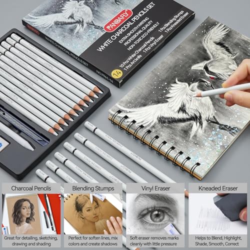 PANDAFLY Professional White Charcoal Pencils Set, 14 Piece - color: White, size: 1 Count (Pack of 14)