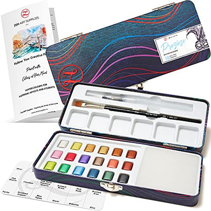Metallic Watercolor Paint Set with Brush for Beginner- PREZIOSO 18 Half-Pan