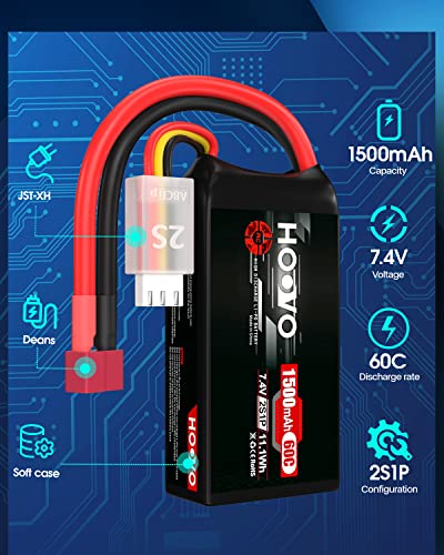 HOOVO 2S 7.4V 1500mAh 60C RC Lipo Battery Pack with T Connector 2 Packs