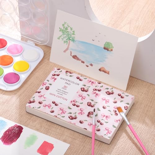 Watercolor Paper Pad 4x6 Inch, 30 Sheets 140 lb Cold Press with 2 Brushes - size: 4x6 Inch