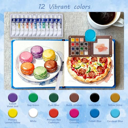 Mini Watercolor Travel Set, 12 Color Portable Walnut Wood Art Kit