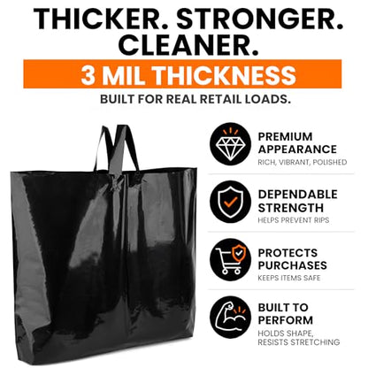 19x15 Large Plastic Shopping Bags for Small Business with Handles - color: Black