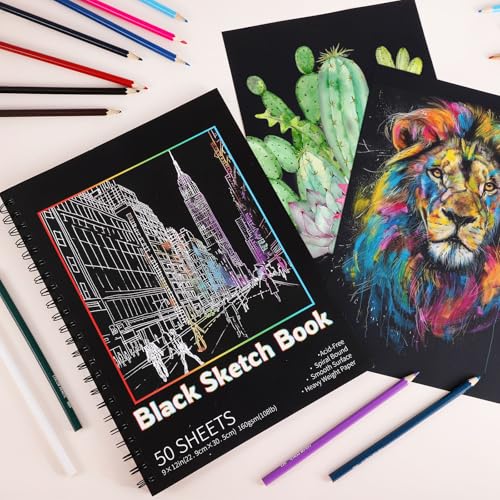 2 Pack Black Paper Sketchbook, 9 × 12 in, 100 Sheets, 160gsm Spiral Bound - size: 9×12 Inch (2 Pack )