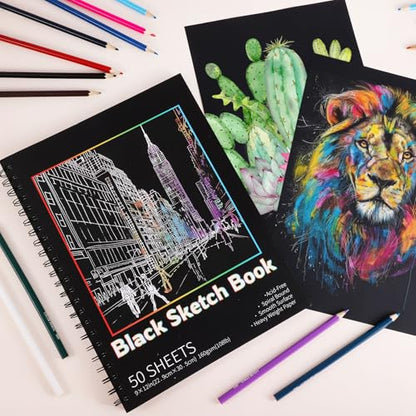 2 Pack Black Paper Sketchbook, 9 × 12 in, 100 Sheets, 160gsm Spiral Bound - size: 9×12 Inch (2 Pack )