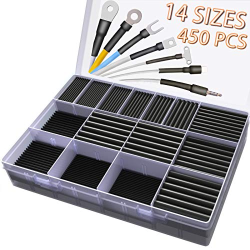 450 Pcs Heat Shrink Tubing Kit, 14 Sizes Black Heat Shrink Tube, Shrink Ratio Electric Heat Shrink - color: Black