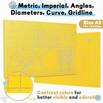Self Healing Cutting Mat 18" x 12", A3 Double-Sided for Sewing & Quilting - color: Lemon Yellow, size: A3:18‘’x12‘’