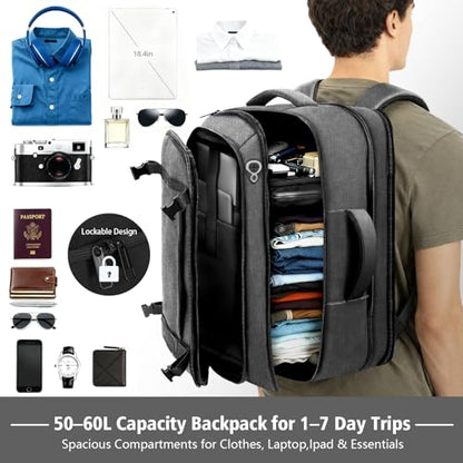 Carry On Backpack,Expandable Large 1-7DAYS Capacity Travel Backpack,Grey - color: Grey, size: 18.4inch (22"x14"x5.5")