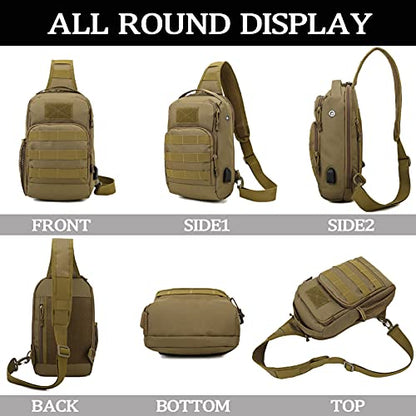 Valinov Tactical Shoulder Bag,Molle Shoulder Backpacks,Military Sling Daypack Backpack with USB Charging port - color: 1 Pack Black