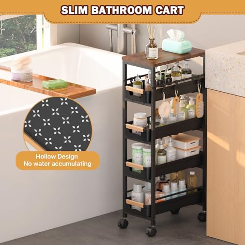 SUNALLY Slim Storage Cart with Wheels, Narrow Kitchen Rolling Cart, Black - color: Black, size: 14.21x8.15x32.91 Inch