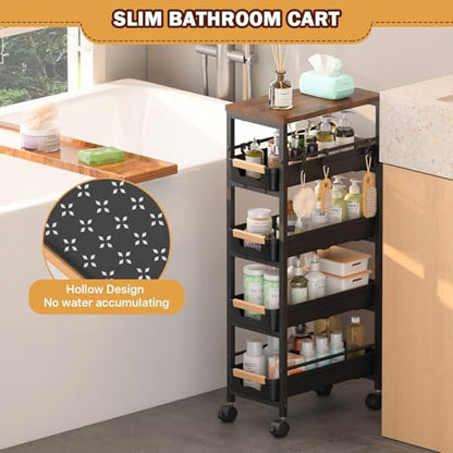 SUNALLY Slim Storage Cart with Wheels, Narrow Kitchen Rolling Cart, Black - color: Black, size: 14.21x8.15x32.91 Inch
