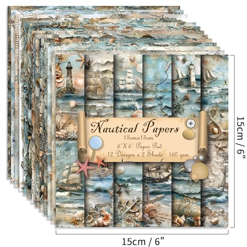 6x6" Cardstock Single Sided Scrapbooking,Craft Decorative Scrap Book Paper - color: 24sheets-Nautical Paper
