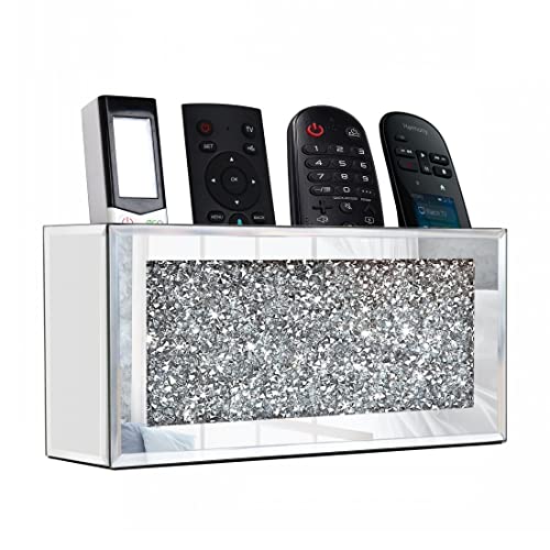 Mirrored Remote Holder, Wall Mounted Crush Diamond Bling Decoration Organizer Storage Box for Remote Phone Pad Wallet Notebook (8.3"×2.5"×4" For 3 or 4 Remote Controls)
