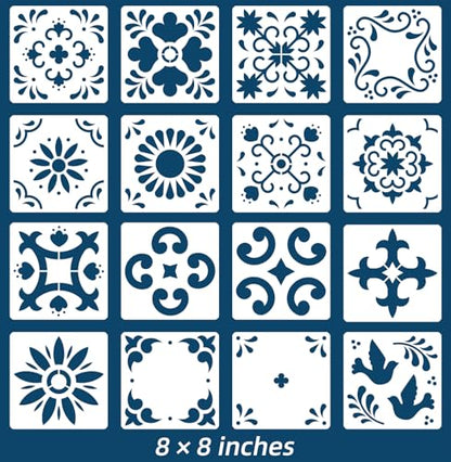 16 Pack 8x8 Inch Mexican Tile Stencil Set - Reusable Tile Templates - size: 8 X 8 Inch