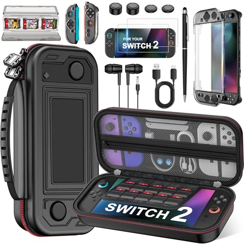 Switch 2 Accessories 8 in 1 Bundle, Carrying Case for Switch 2/Switch/OLED, 3xProtective Cover, 2xSwitch 2 Protectors, 4 Thumb Caps, Earbuds, Stylus, Card Holder, USB Cord for Nintendo 3DS & 2DS Games - size: 8 in 1 Bundle