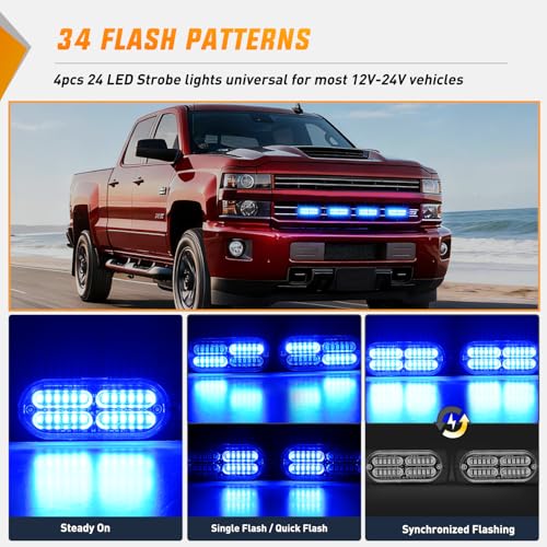 Nilight 4PCS 24LED Blue Strobe Light 12V/24V Grille Surface Mount - color: Blue
