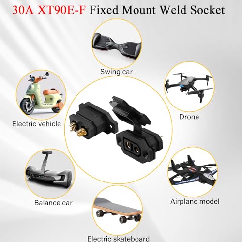 QIANRENON Fixable XT90 Female Soldering Adapter Gold Plated XT90E-F Panel Fixed Mount Weld Connector XT90 Lithium Battery Solder Socket 30A, Dust Cover, for Large Model Airplane Drone, Black, 2Pcs - style: F