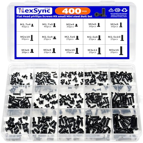 400Pcs Countersunk Flat Head Phillips Machine Screws Kit, M1.7, M2, M2.5, M3 Full Thread Black Zinc Plated Carbon Steel, Hardware Fasteners for Laptop Notebook & Electronics Repair