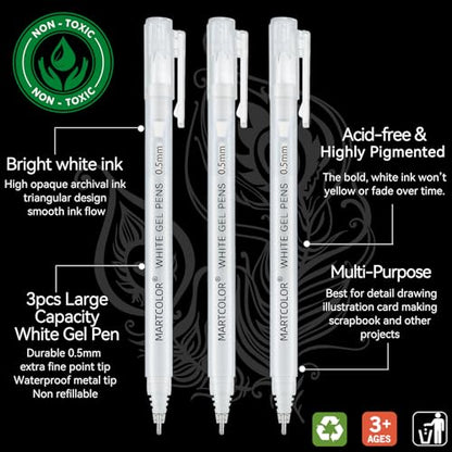 MARTCOLOR White Gel Pens, 3 Pack 0.5mm Extra Fine Point White Gel ink Pens - style: White - 0.5mm