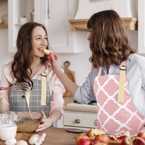 2 Pieces Aprons for Women with Pockets, Cotton Linen Waterproof Kitchen Cooking Aprons, Chef Apronfor Men Women with Adjustable Neck Strap and Long Ties(Pink/Grey) - color: Pink/Grey