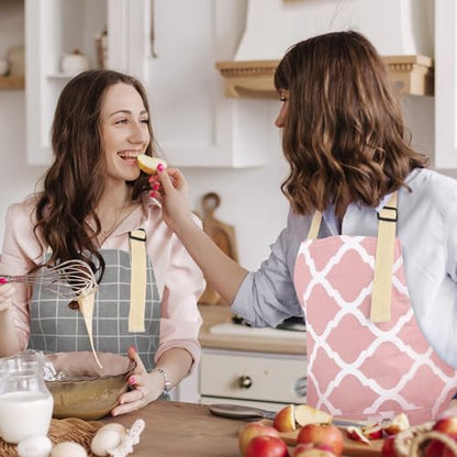 2 Pieces Aprons for Women with Pockets, Cotton Linen Waterproof Kitchen Cooking Aprons, Chef Apronfor Men Women with Adjustable Neck Strap and Long Ties(Pink/Grey) - color: Pink/Grey