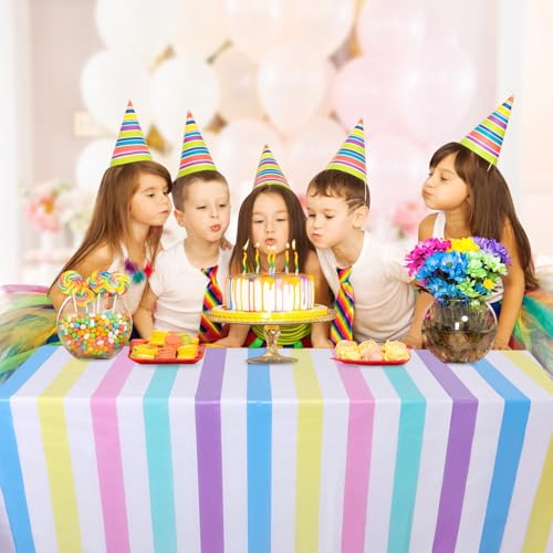 Kesfey Rainbow Striped Tablecloth Birthday Pastel Stripe Table Cover 3 Pack - color: Rainbow Horizontal Striped