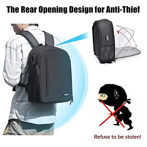 Cwatcun Camera Backpack Bag, Waterproof DSLR Bag with USB Port & Rain Cover - color: Black, size: 3.0 Large