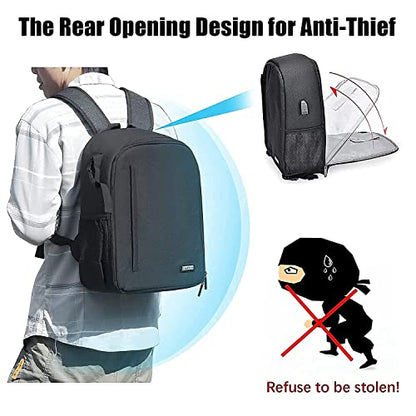 Cwatcun Camera Backpack Bag, Waterproof DSLR Bag with USB Port & Rain Cover - color: Black, size: 3.0 Large