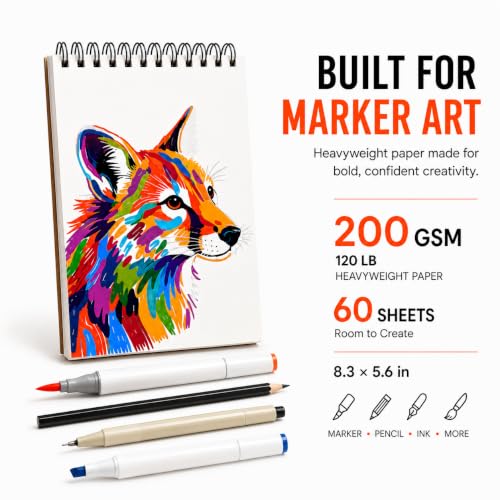 Marker Pad 2-Pack 8.3x5.5 Inch A5 – 60 Sheets Each, Spiral Sketchbook - size: 8.3x5.5(2-Pack)