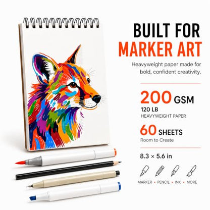 Marker Pad 2-Pack 8.3x5.5 Inch A5 – 60 Sheets Each, Spiral Sketchbook - size: 8.3x5.5(2-Pack)