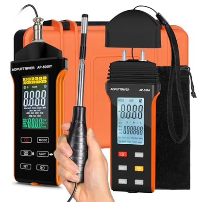 2Packs Hot Wire Anemometer AP-5000Y & AP-189A Digital Manometer