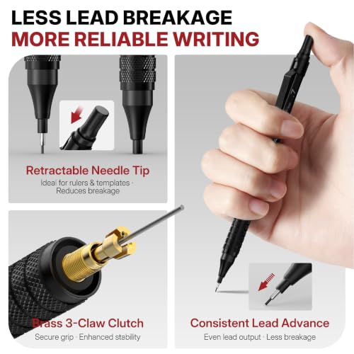 WUO 0.7mm Mechanical Pencil Set, 3 Pack Black Metal Drafting Pencils - color: Black, size: 0.7