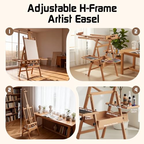 Beech Wood H-Frame Easel for Painting with Tray & Drawer, Natural - color: Natural