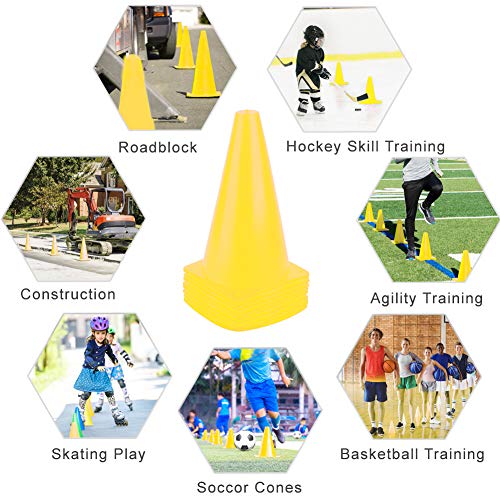 9 Inch Plastic Training Traffic Cones, Sport Cones, Set of 10/12/24 - color: 10 Pack Yellow