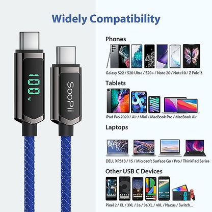 SOOPII 100W USB C Cable with LED Display,Nylon Braided,Blue [10FT,2Pack] - color: Blue, size: 10 Feet (2-Pack) 100W