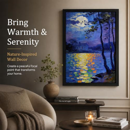 Seaofcity Moonlit Lake Landscape Wall Art, Framed Wall Art for Living Room, Night Blue Scene with Moon Reflection and Distant Cabin, Oil Painting on Canvas, Black Wood Frame, 8" W x 10" L - color: Moonlit Water Lilies, size: 10"l X 8"w