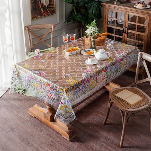 ARTABLE Clear Vinyl Tablecloth Floral Grass Print Wipeable 60 x 84 Inch - color: Flowers, size: 84" x 60" (Rectangular)