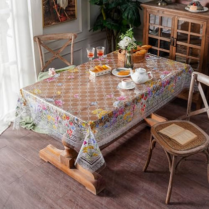 ARTABLE Clear Vinyl Tablecloth Floral Grass Print Wipeable 60 x 84 Inch - color: Flowers, size: 84" x 60" (Rectangular)
