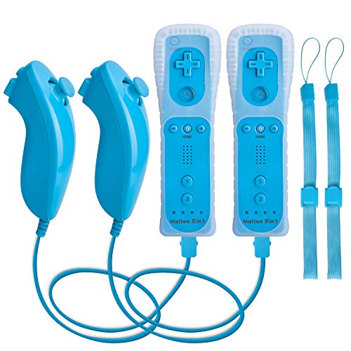 Motion Plus Wii Controllers 2Packs with Nunchucks, Wii Remote Controllers Compatible for wii and Wii U with Built in Motion Plus - color: wblue+wblue