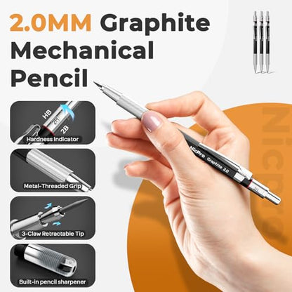 Nicpro Art Drawing Supplies Kit with 30PCS Black Mechanical Pencil Set in Leather Case