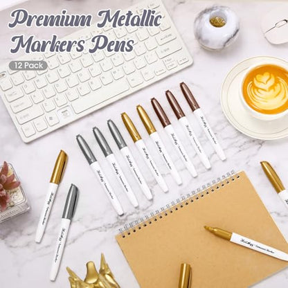 Motiskyy 12 Pcs Metallic Permanent Markers Fine Point, Gold Silver Copper - color: Gold Silver Copper