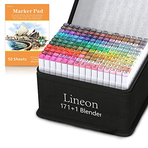 Lineon 172 Colors Alcohol Based Dual Tip Art Markers, 171+1 Blender Permanent Marker Pens Plus 1 Marker Pad 1 Case Perfect for Kids Adult Artist Coloring Books Drawing Sketching and Card Making - color: 172 Colors