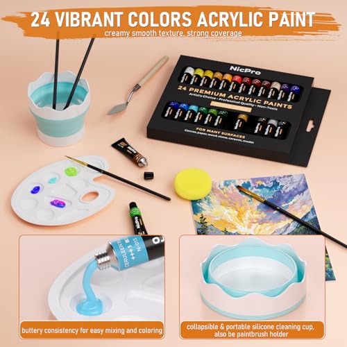 Nicpro 68PCS Acrylic Paint Canvas Set for Adults with 24 Paint for Beginner - color: 24 colors