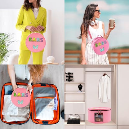 Chenille Letter Bow Mouse Ears Travel Case, Large Round Tote Storage Box - color: Pink